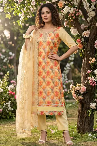Lemon organza handwork suit set with designer dupatta