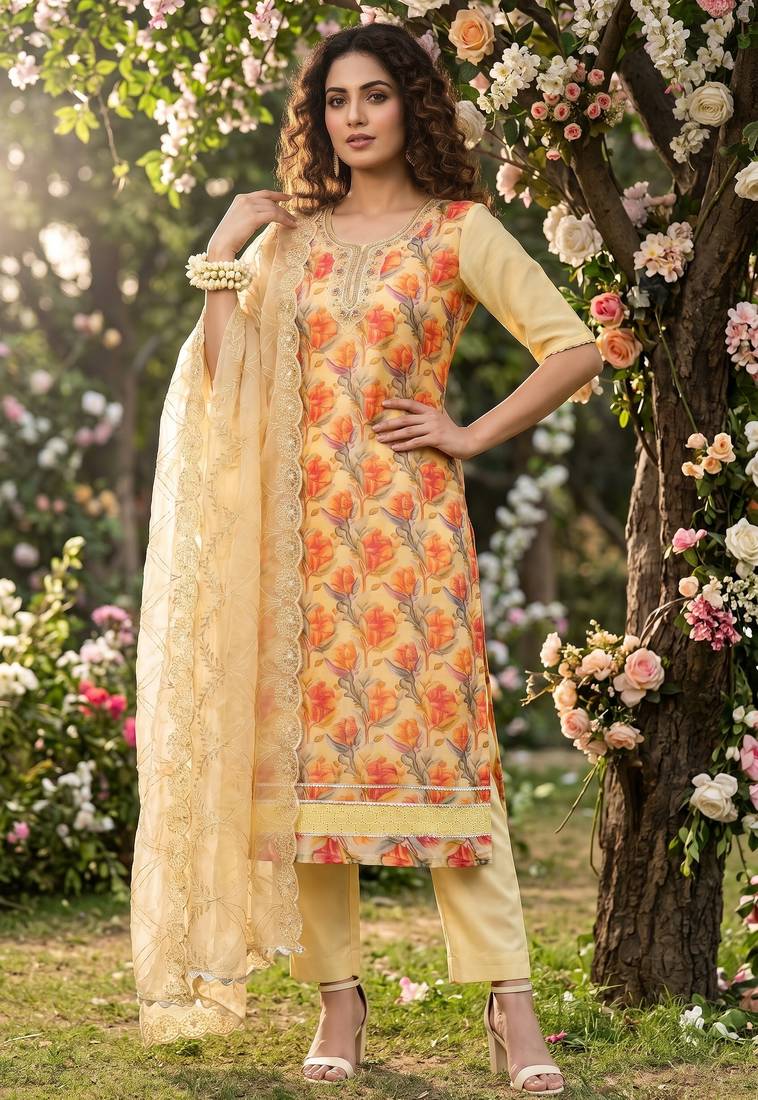 yellow organza handwork suit set with dupatta