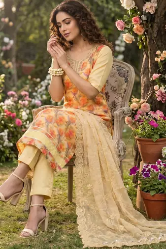 Lemon organza handwork suit set with designer dupatta