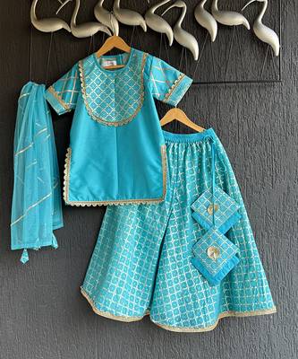 Turquoise blue embroidered cotton silk gharara set 5