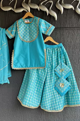 Turquoise blue embroidered cotton silk gharara set