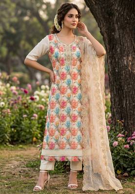 Cream organza handwork suit set with designer dupatta 1