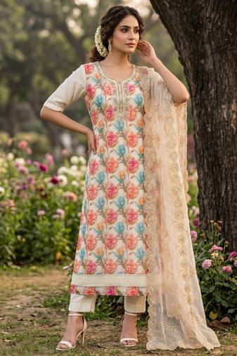cream organza handwork suit set with dupatta