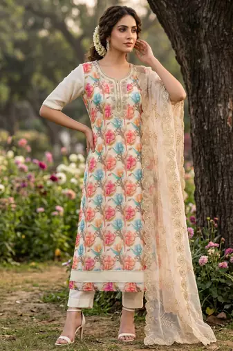 Cream organza handwork suit set with designer dupatta
