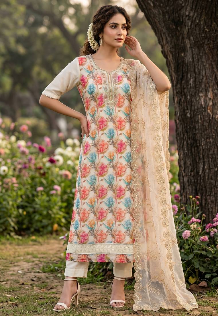 cream organza handwork suit set with dupatta