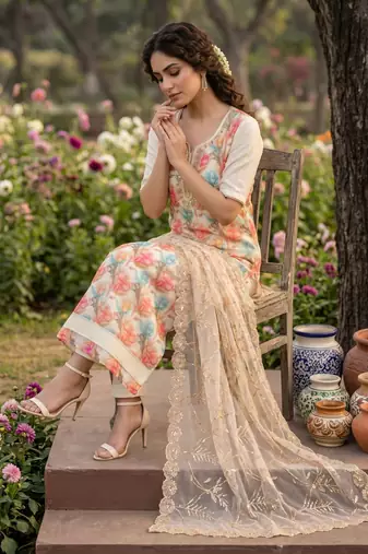 Cream organza handwork suit set with designer dupatta