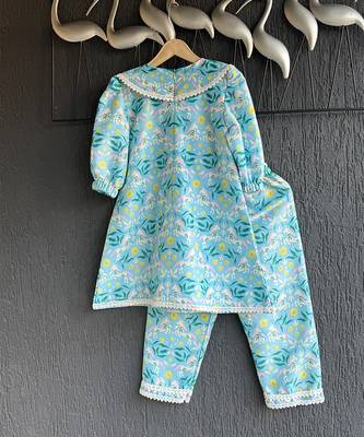 Sky blue printed silk kurti set 4