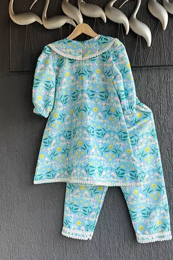 Sky blue printed silk kurti set