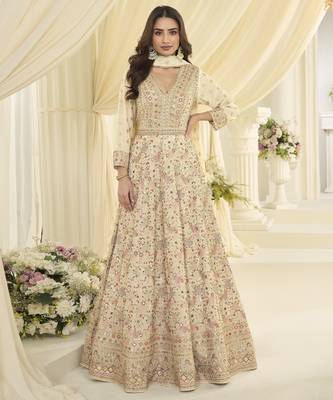 Cream heavy georgette sequence work anarkali gown set 1