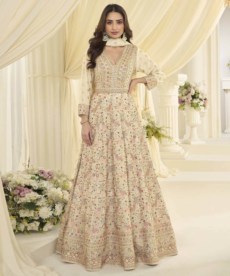 cream georgette sequins work anarkali gown set