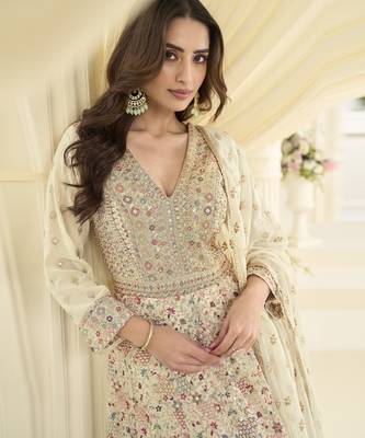 Cream heavy georgette sequence work anarkali gown set 2