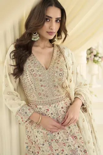 Cream heavy georgette sequence work anarkali gown set