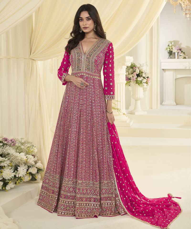 rani pink georgette sequins work anarkali gown set