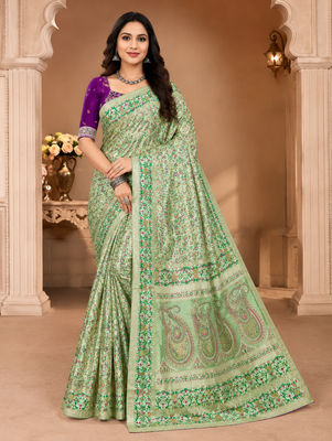 parrot green siroski diamonds twins figure with rich pallu pasmina silk saree 1