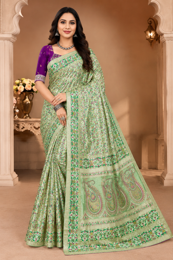 parrot green siroski diamonds twins figure with rich pallu pasmina silk saree