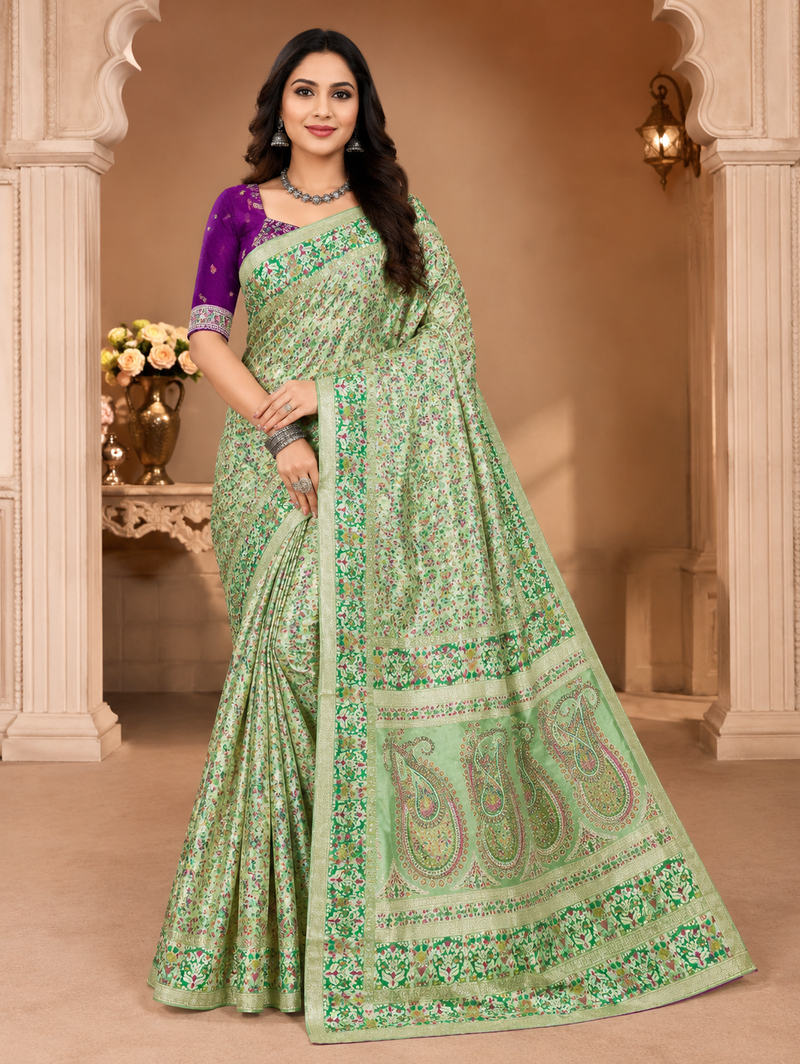 parrot green siroski diamonds twins figure with rich pallu pasmina silk saree