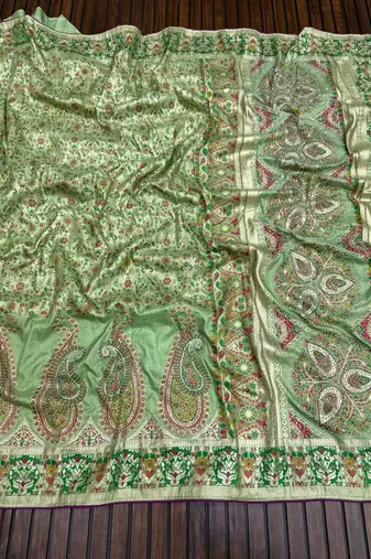 parrot green siroski diamonds twins figure with rich pallu pasmina silk saree
