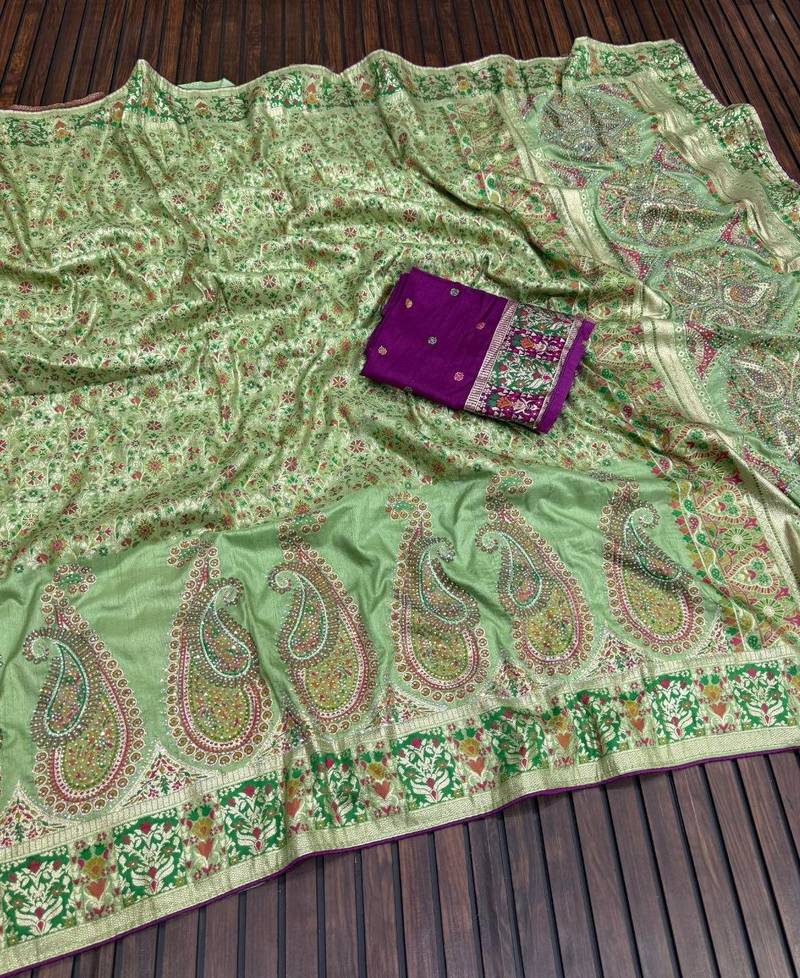 parrot green siroski diamonds twins figure with rich pallu pasmina silk saree