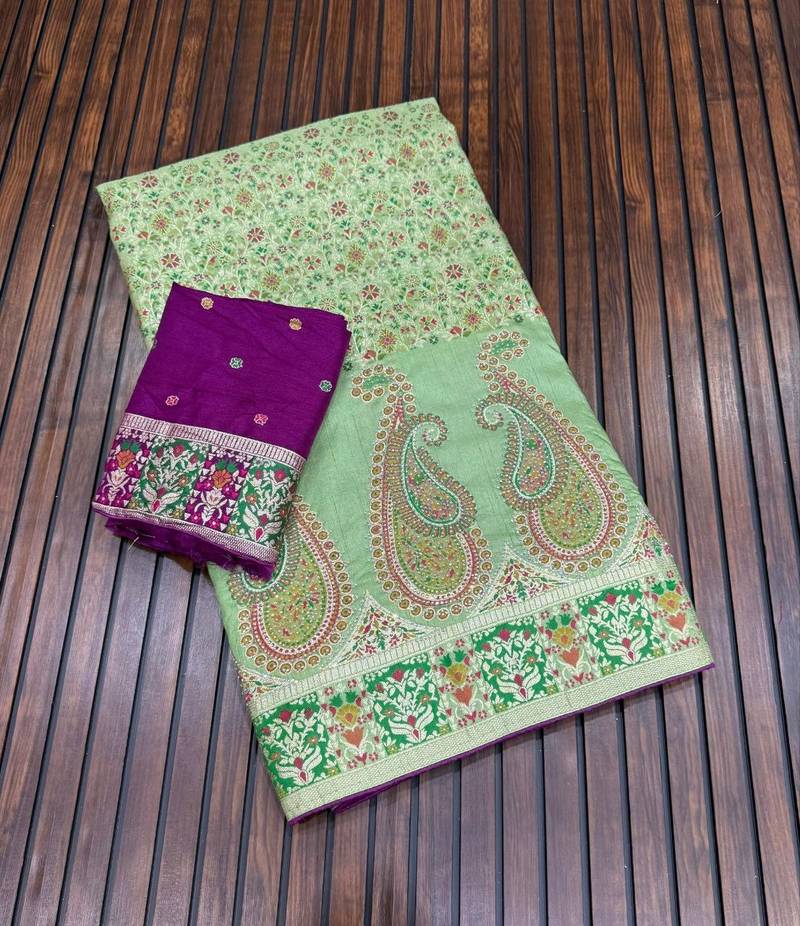 parrot green siroski diamonds twins figure with rich pallu pasmina silk saree