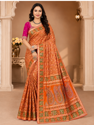 orange siroski diamonds twins figure with rich pallu pasmina silk saree 1