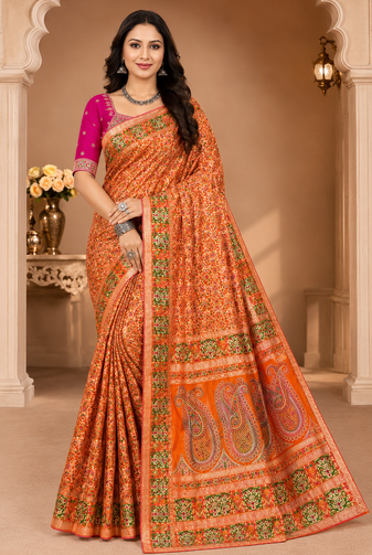 orange siroski diamonds twins figure with rich pallu pasmina silk saree