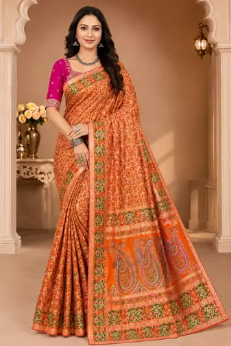 orange siroski diamonds twins figure with rich pallu pasmina silk saree