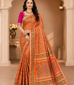 orange siroski diamonds twins figure with rich pallu pasmina silk saree
