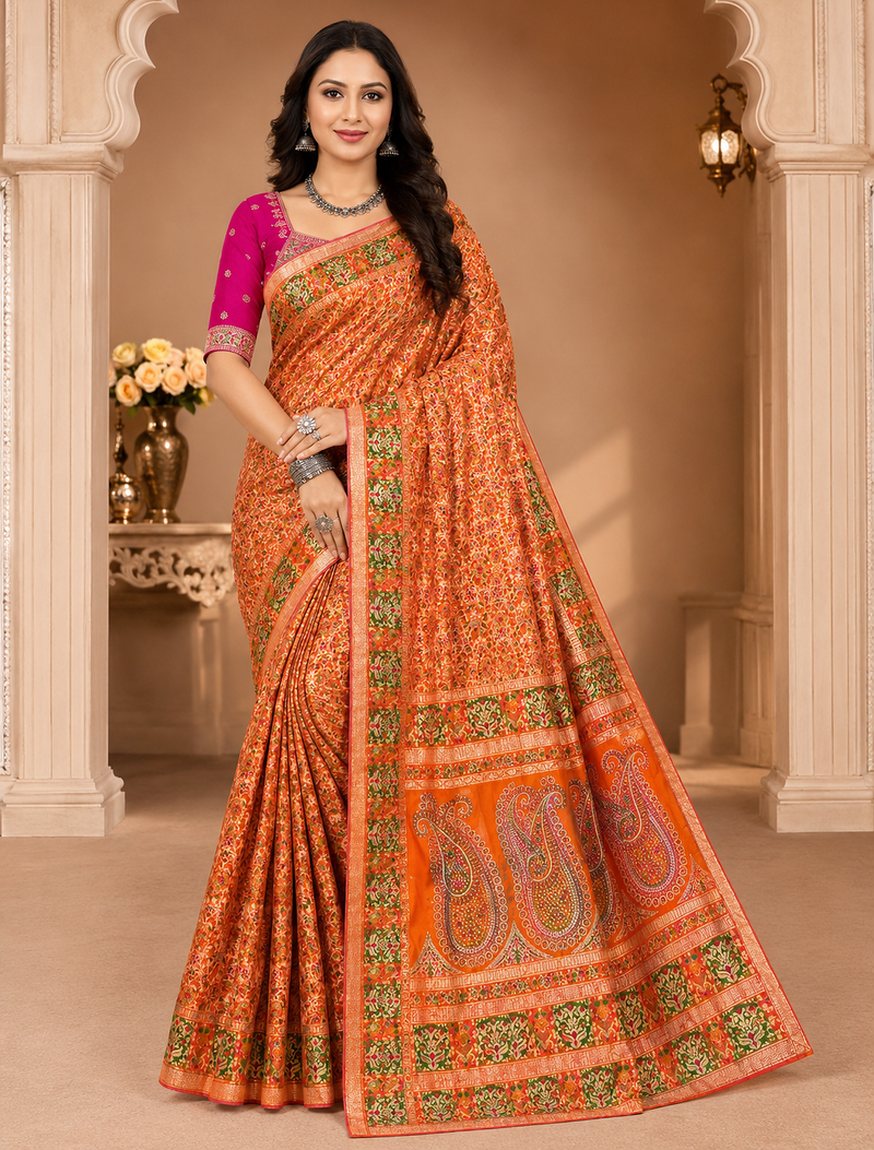 orange siroski diamonds twins figure with rich pallu pasmina silk saree