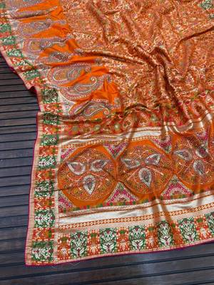 orange siroski diamonds twins figure with rich pallu pasmina silk saree 2