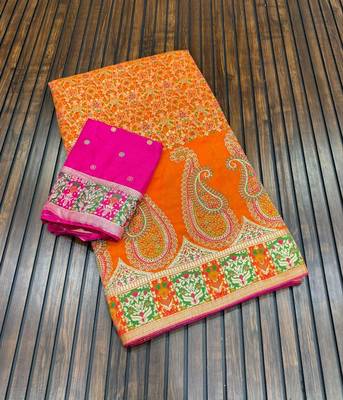 orange siroski diamonds twins figure with rich pallu pasmina silk saree 3