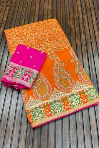 orange siroski diamonds twins figure with rich pallu pasmina silk saree