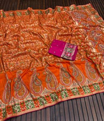 orange siroski diamonds twins figure with rich pallu pasmina silk saree 4