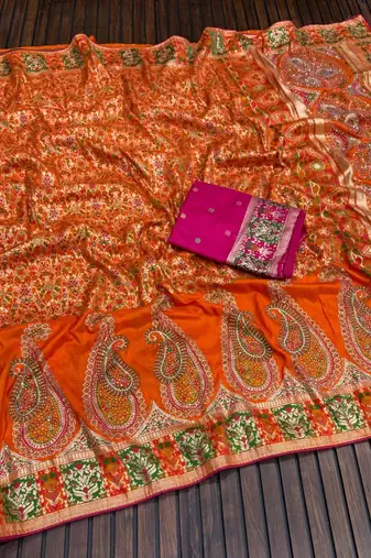 orange siroski diamonds twins figure with rich pallu pasmina silk saree