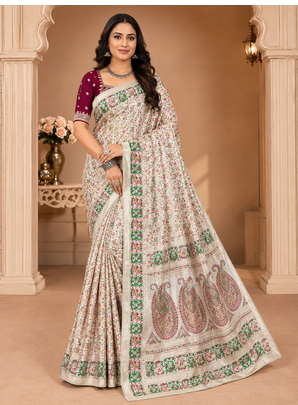 white-maroon siroski diamonds twins figure with rich pallu pasmina silk saree 1