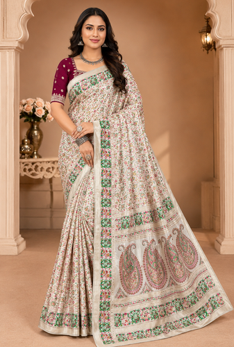 white-maroon siroski diamonds twins figure with rich pallu pasmina silk saree