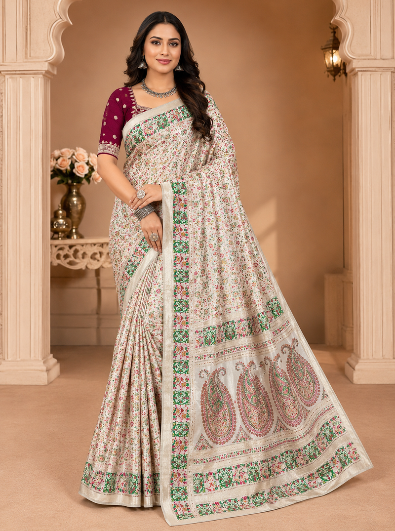 white-maroon siroski diamonds twins figure with rich pallu pasmina silk saree