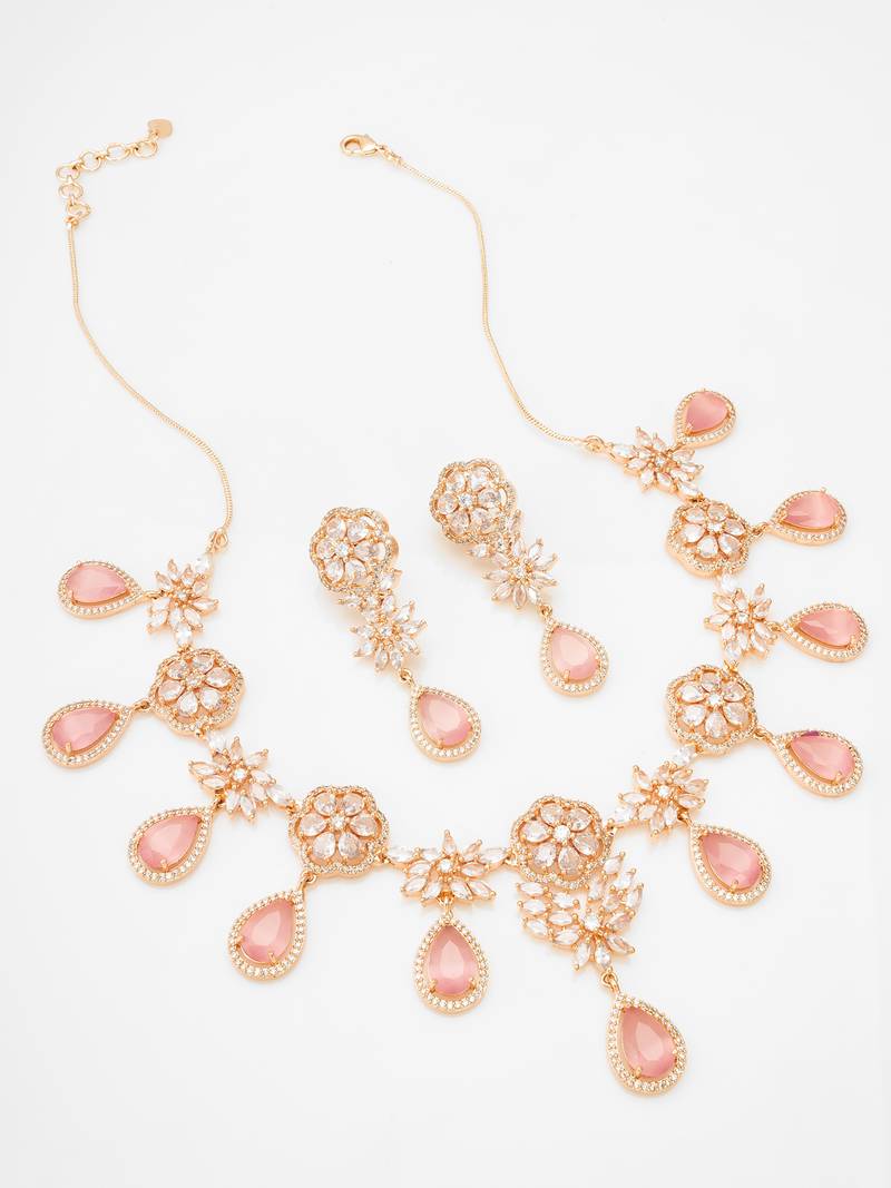 festive rose gold pink floral bib necklace set with stone drops and flower cluster earrings