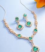 party wear rose gold emerald green stone y-drop necklace set with marquise drop earrings