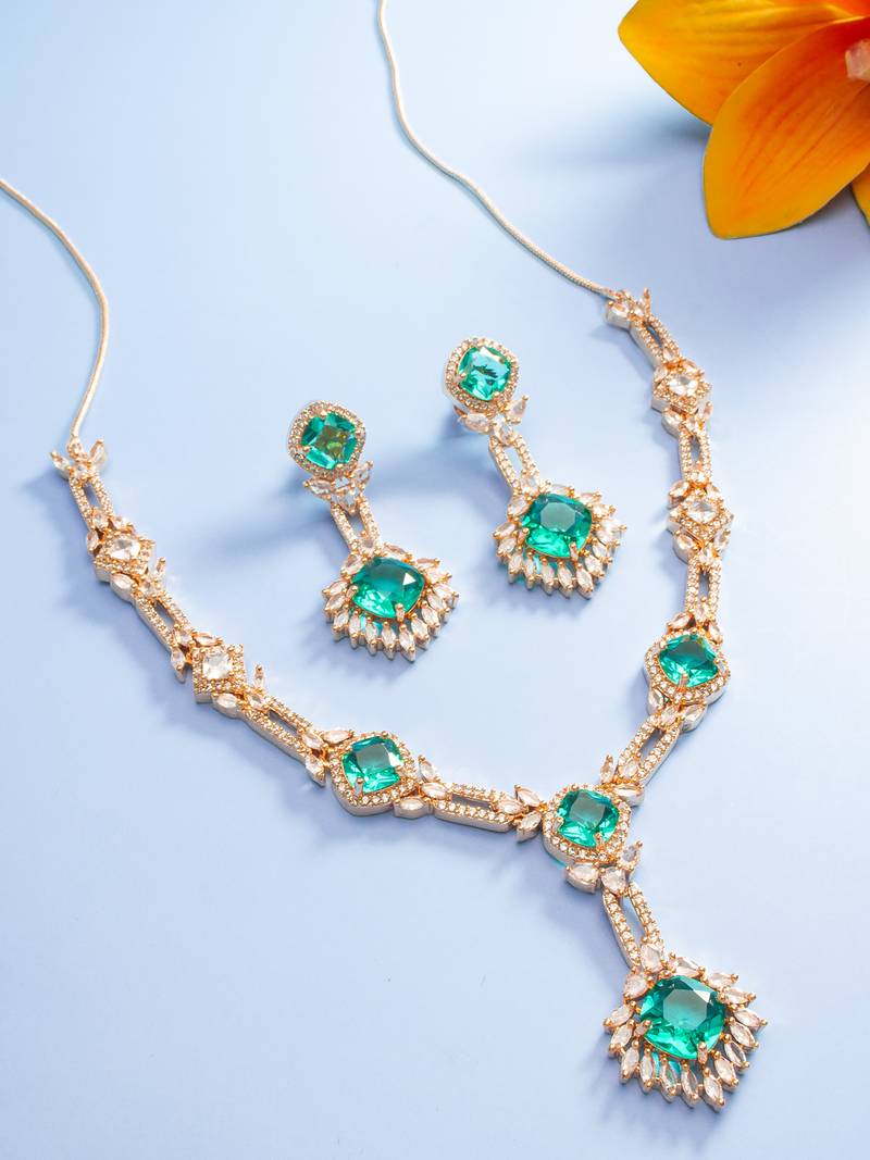 party wear rose gold emerald green stone y-drop necklace set with marquise drop earrings