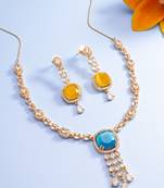 reception wear rose gold teal and yellow pendant necklace set with tassel drop and cushion stone earrings
