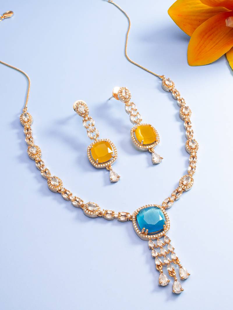 reception wear rose gold teal and yellow pendant necklace set with tassel drop and cushion stone earrings