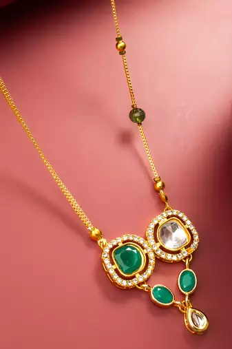 gold plated green stone kundan necklace