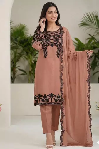 Brown fox georgette sequence embroidered suit