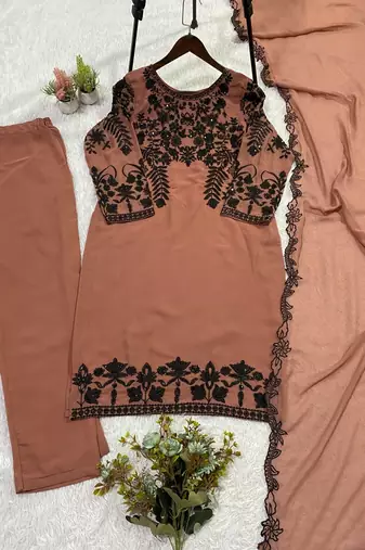 Brown fox georgette sequence embroidered suit