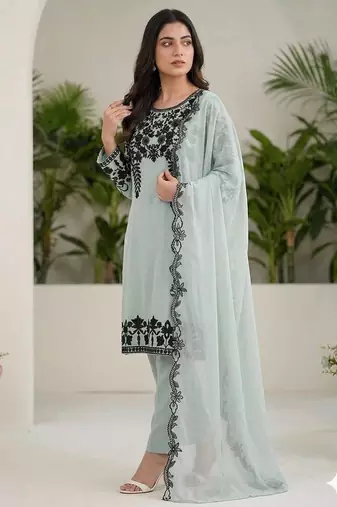 Seagreen fox georgette sequin embroidered suit