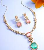 reception wear rose gold pink and green pendant necklace set with cushion stone drop and geometric earrings