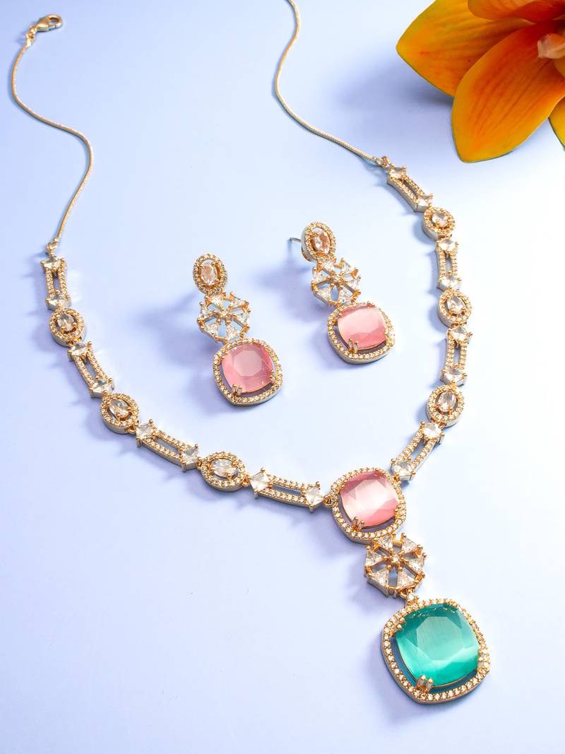 reception wear rose gold pink and green pendant necklace set with cushion stone drop and geometric earrings
