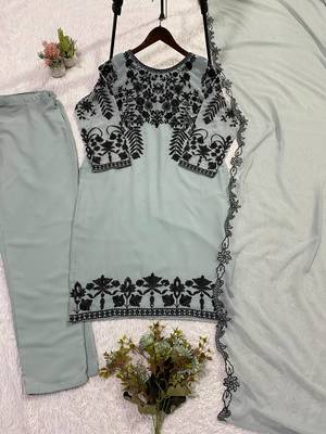 Seagreen fox georgette sequin embroidered suit 4