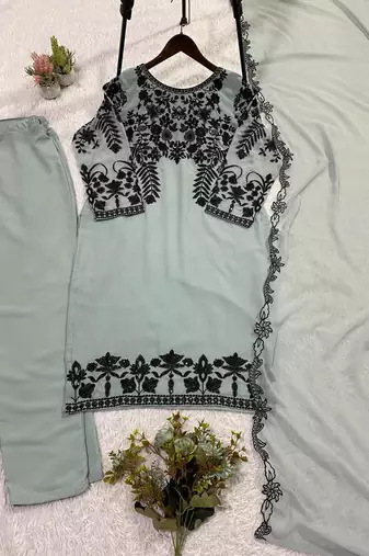 Seagreen fox georgette sequin embroidered suit
