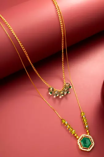 gold plated green hexagon pendant necklace